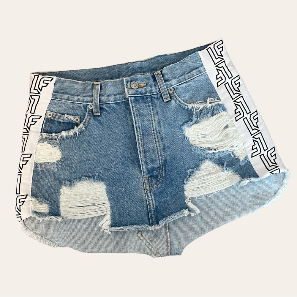LF Adriana Distressed Denim Mini Skirt 27 Logo Tape Y2K Festival NWT